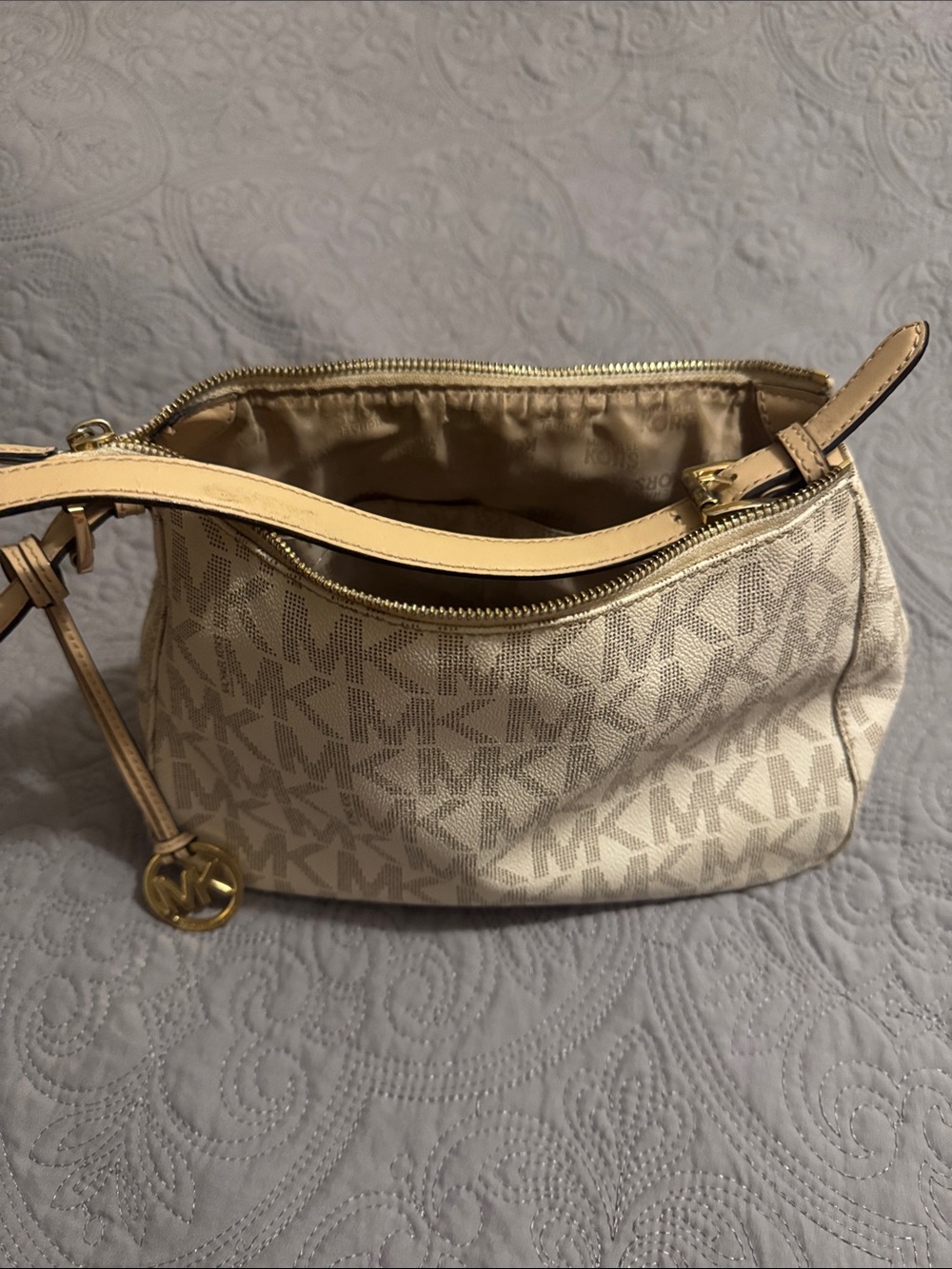 Michael Kors Cream Beige MK Monogram Shoulder Bag